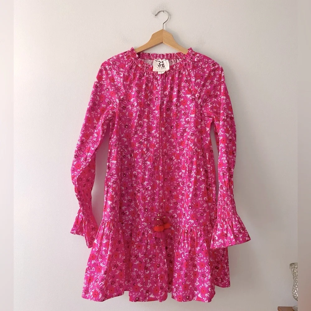 Figue Bella Short Dress Small Pink Floral Tiered Boho Tassel Mini Retail $395